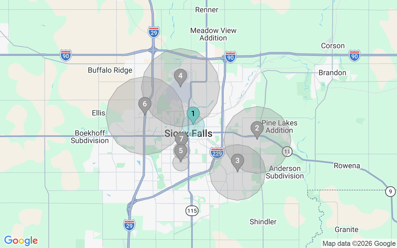Map of Airbnb guest-review hotspots in Sioux Falls with location premium circles