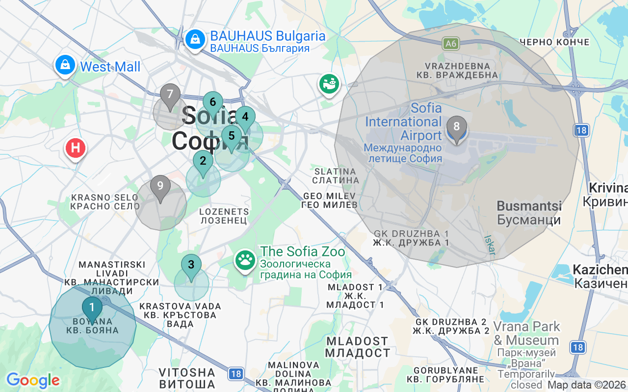 Map of Airbnb guest-review hotspots in Sofia with location premium circles