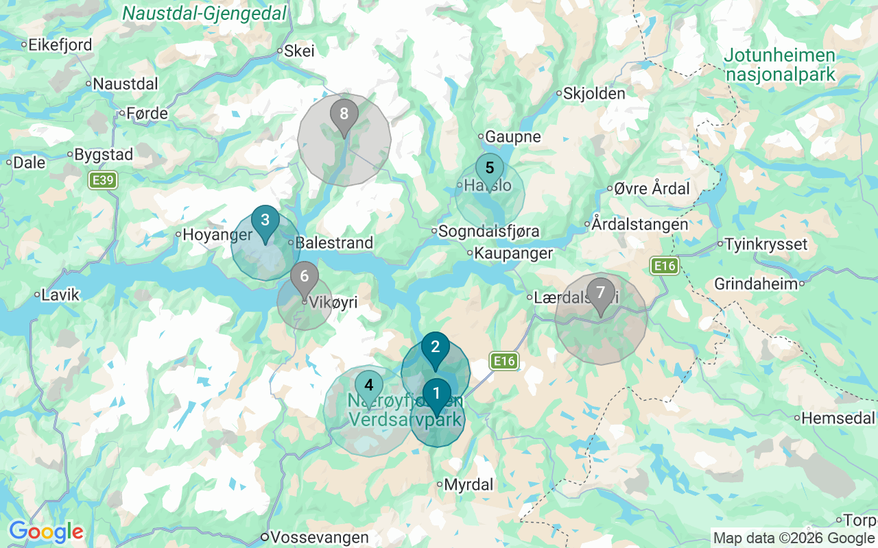 Map of Airbnb guest-review hotspots in Sogndal with location premium circles
