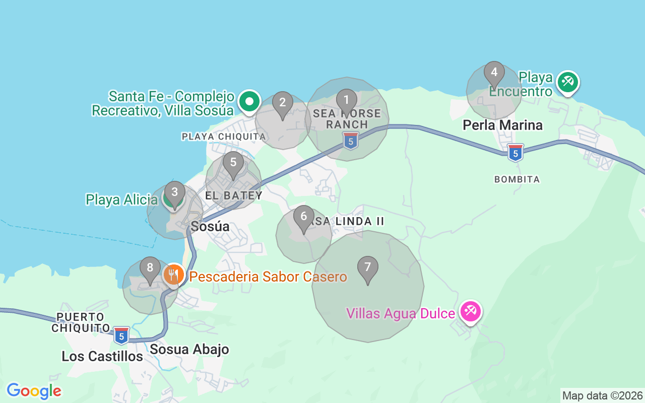 Map of Airbnb guest-review hotspots in Sosua with location premium circles