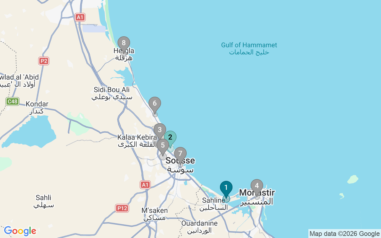 Map of Airbnb guest-review hotspots in Sousse with location premium circles