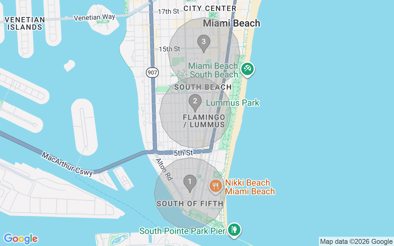 Map of Airbnb guest-review hotspots in South Beach with location premium circles