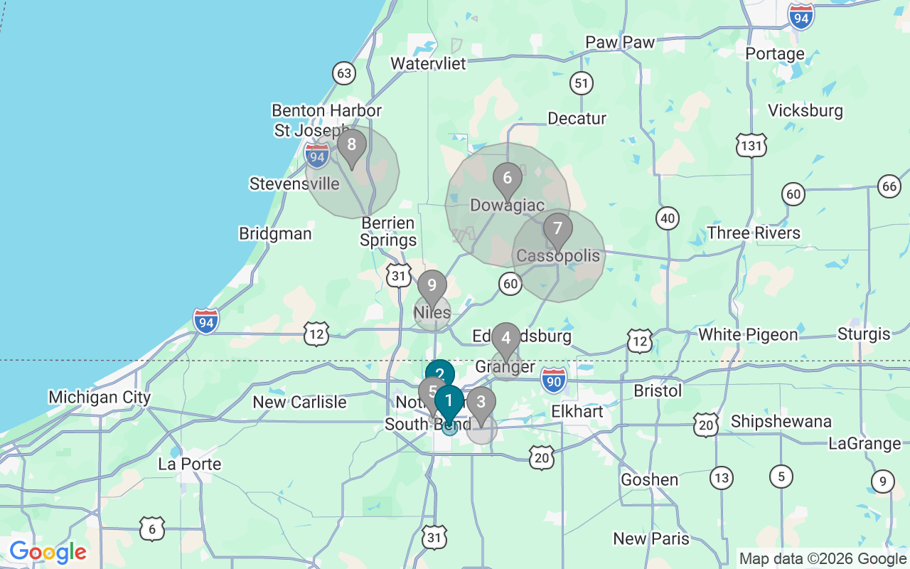 Map of Airbnb guest-review hotspots in South Bend-Mishawaka with location premium circles