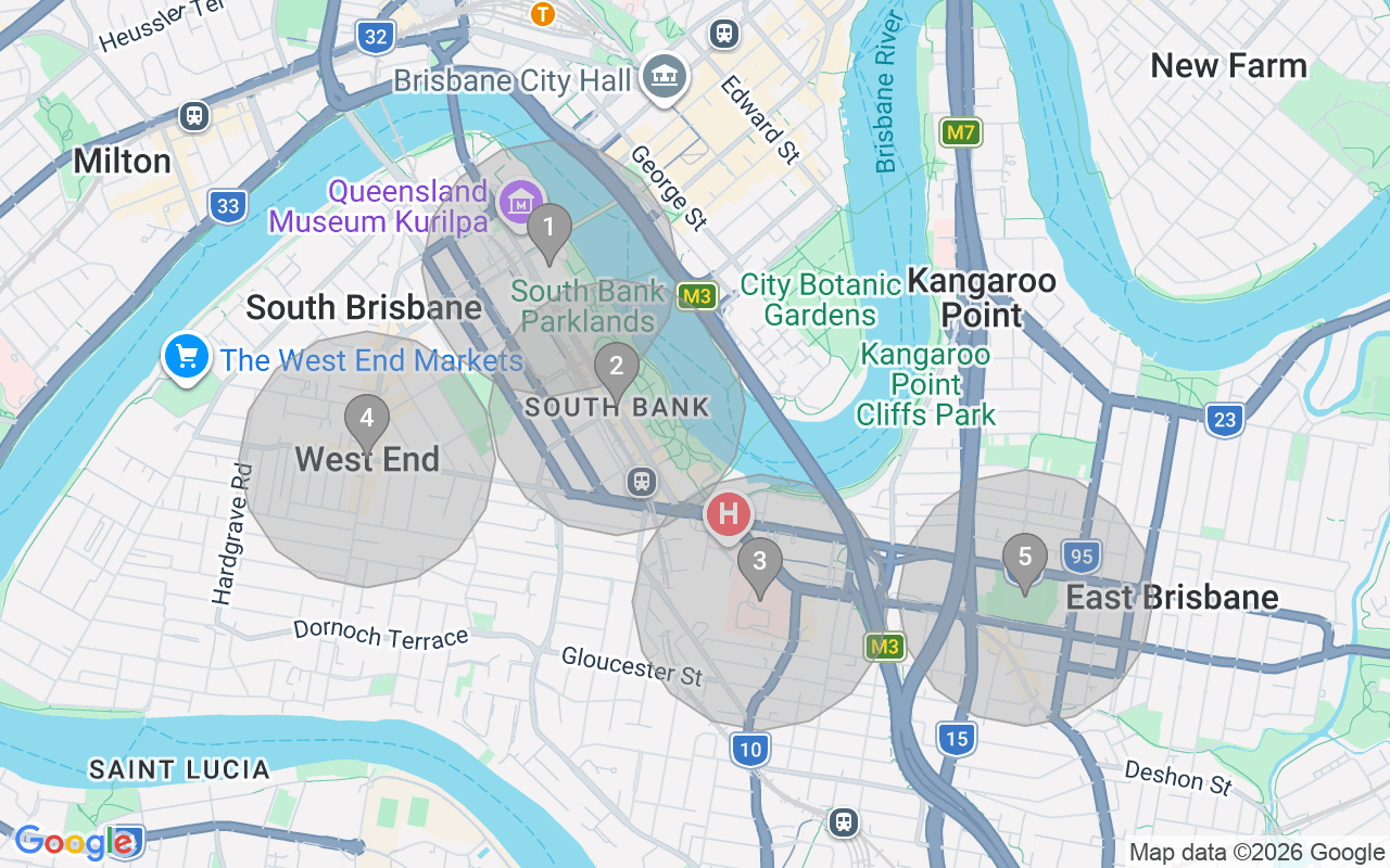 Map of Airbnb guest-review hotspots in South Brisbane with location premium circles