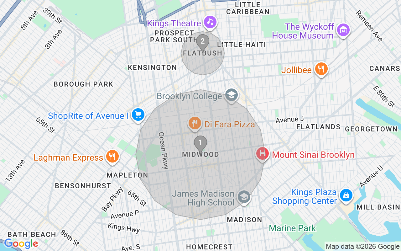 Map of Airbnb guest-review hotspots in Southern Brooklyn with location premium circles