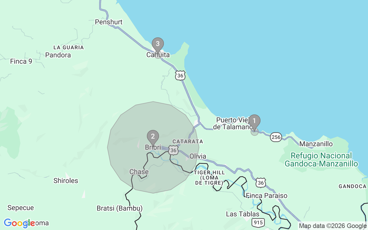 Map of Airbnb guest-review hotspots in Southern Caribbean Coast with location premium circles