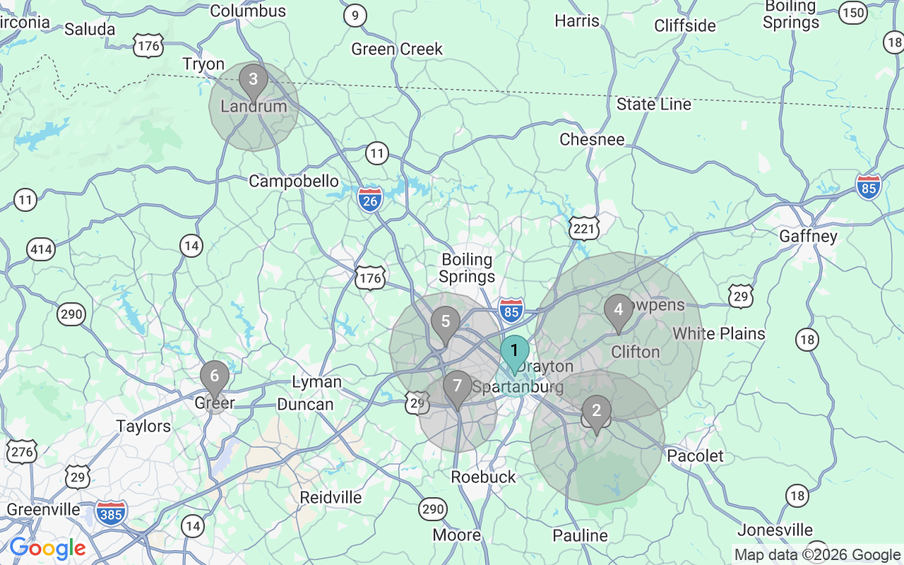Map of Airbnb guest-review hotspots in Spartanburg with location premium circles