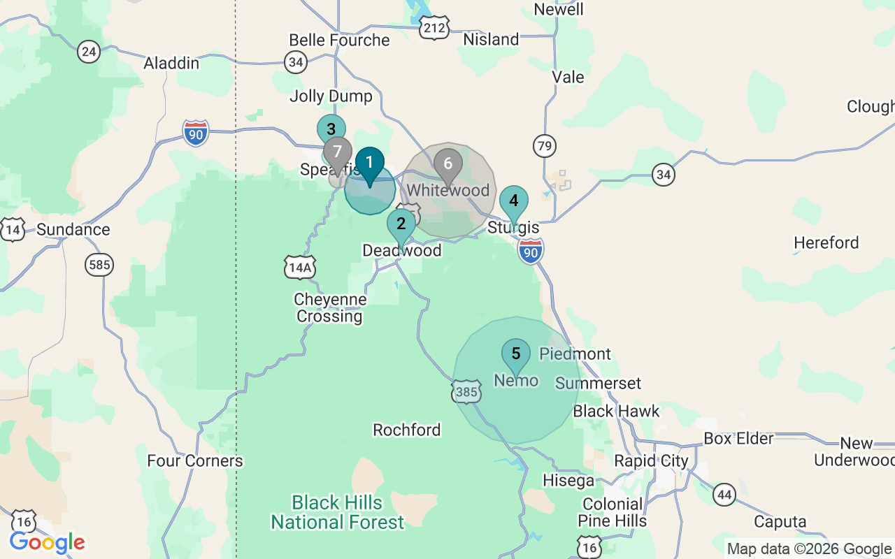 Map of Airbnb guest-review hotspots in Spearfish with location premium circles