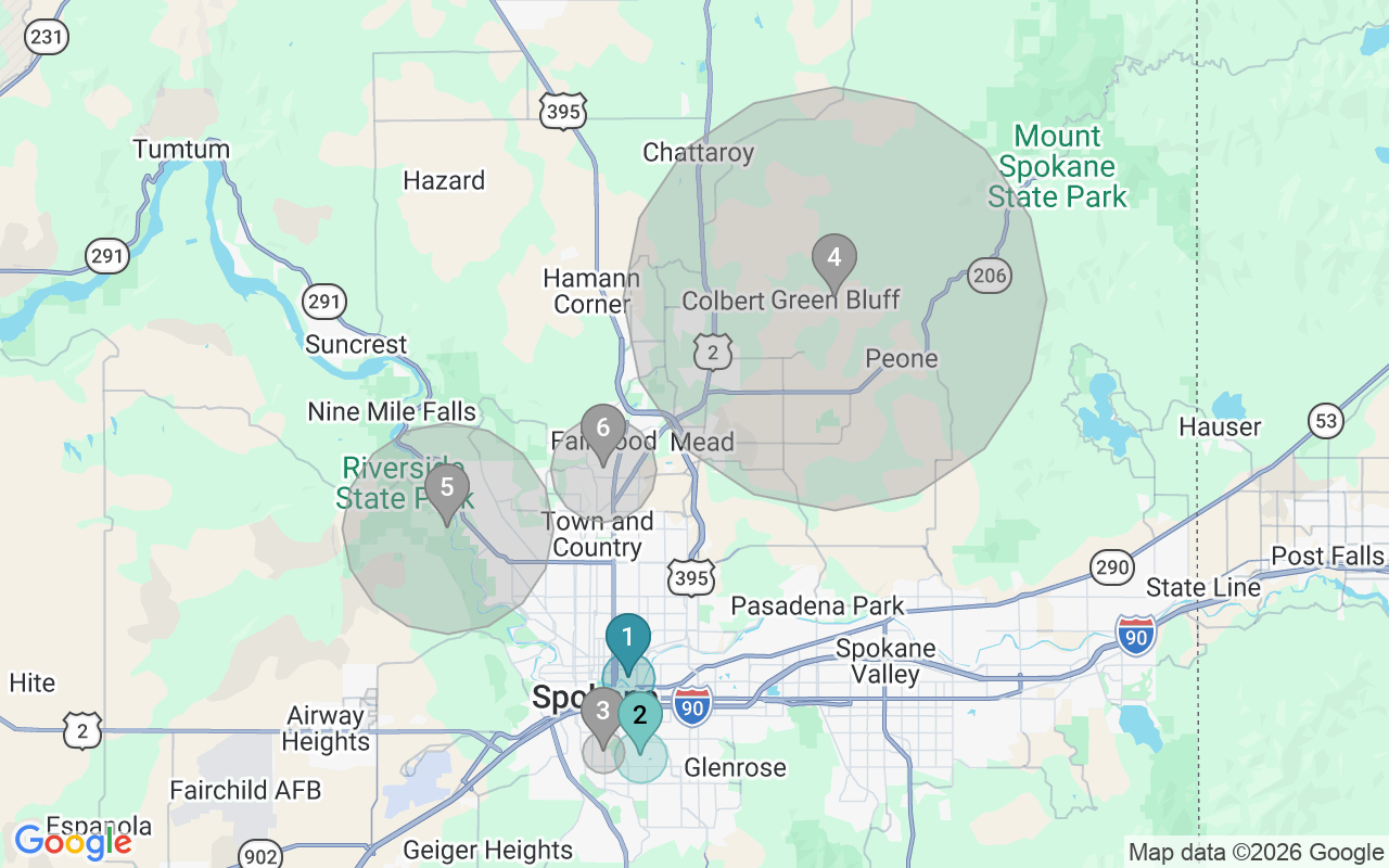 Map of Airbnb guest-review hotspots in Spokane-Spokane Valley with location premium circles