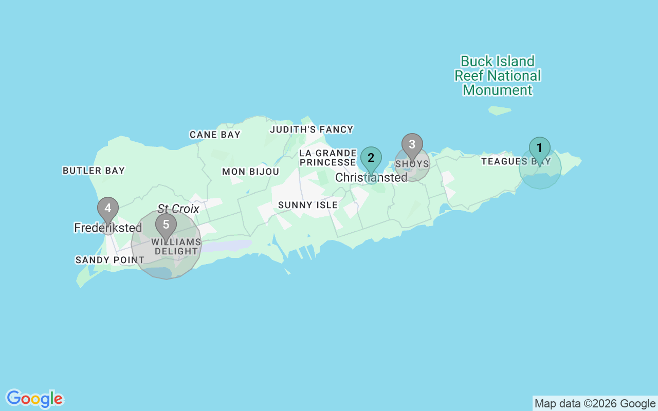 Map of Airbnb guest-review hotspots in St Croix, USVI with location premium circles