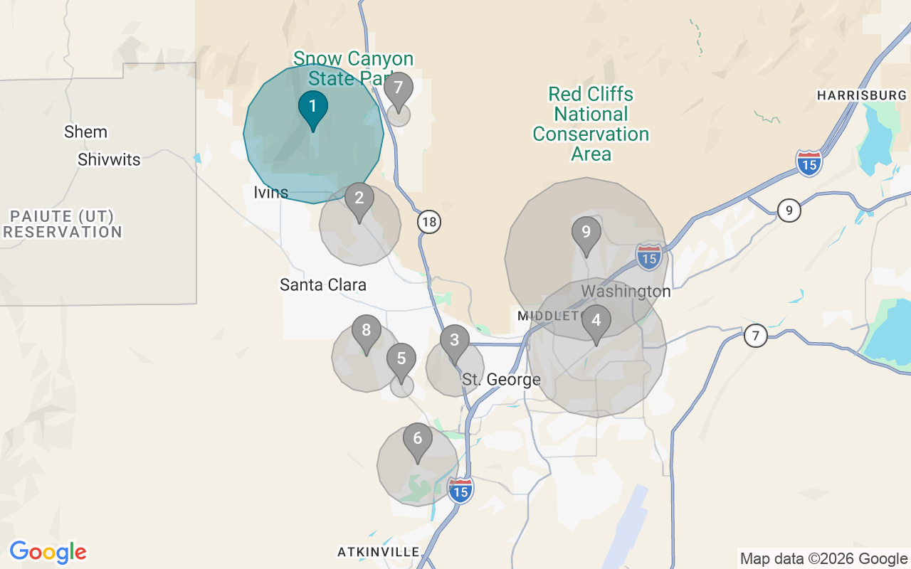 Map of Airbnb guest-review hotspots in St. George with location premium circles