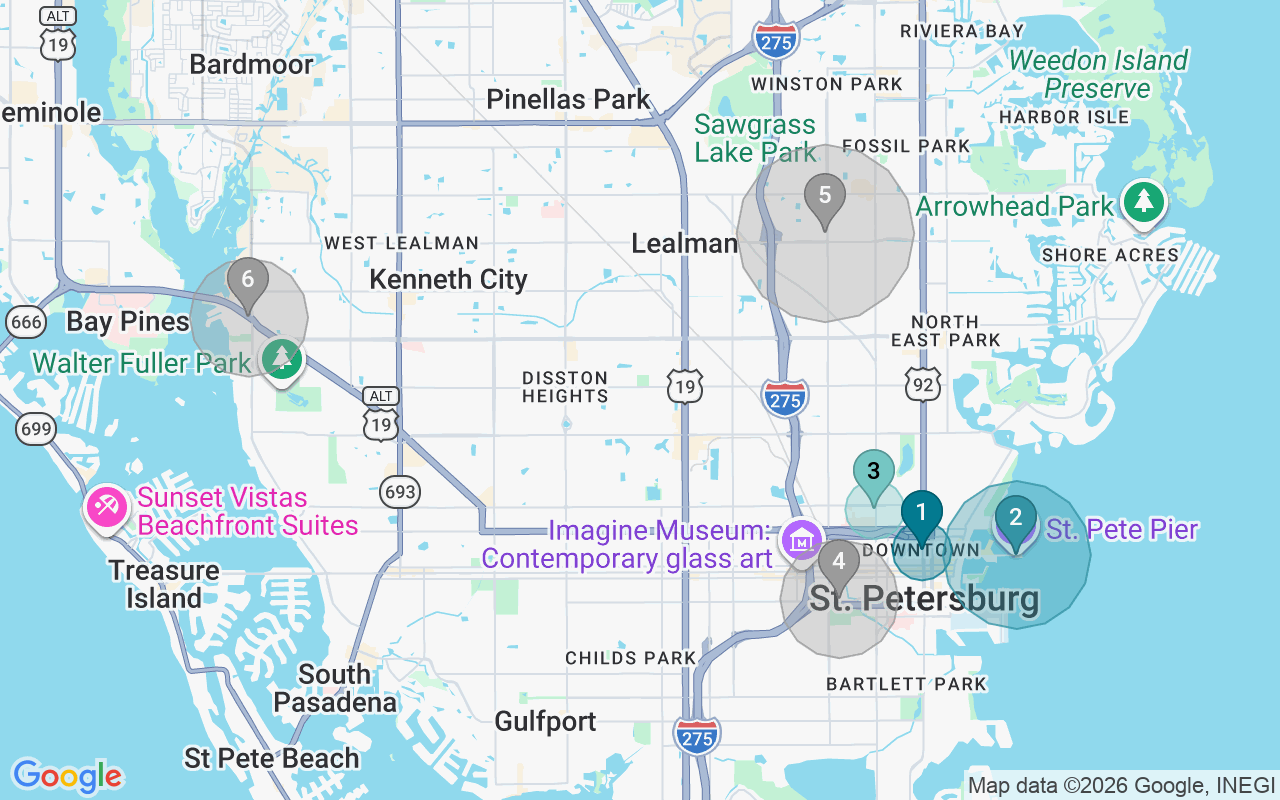 Map of Airbnb guest-review hotspots in St. Petersburg with location premium circles
