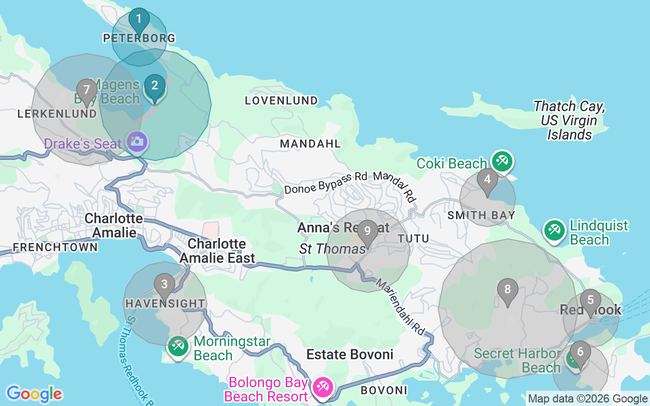 Map of Airbnb guest-review hotspots in St Thomas, USVI with location premium circles