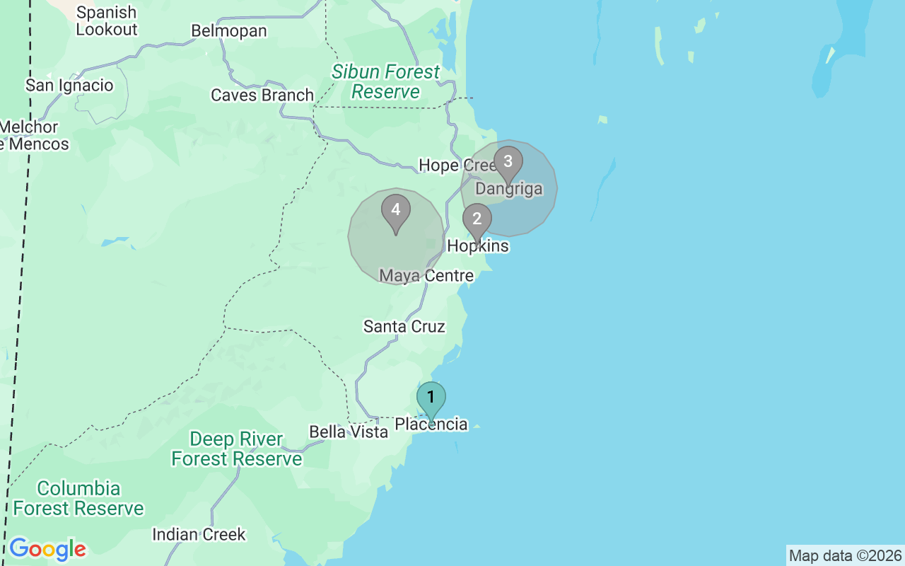 Map of Airbnb guest-review hotspots in Stann Creek District with location premium circles
