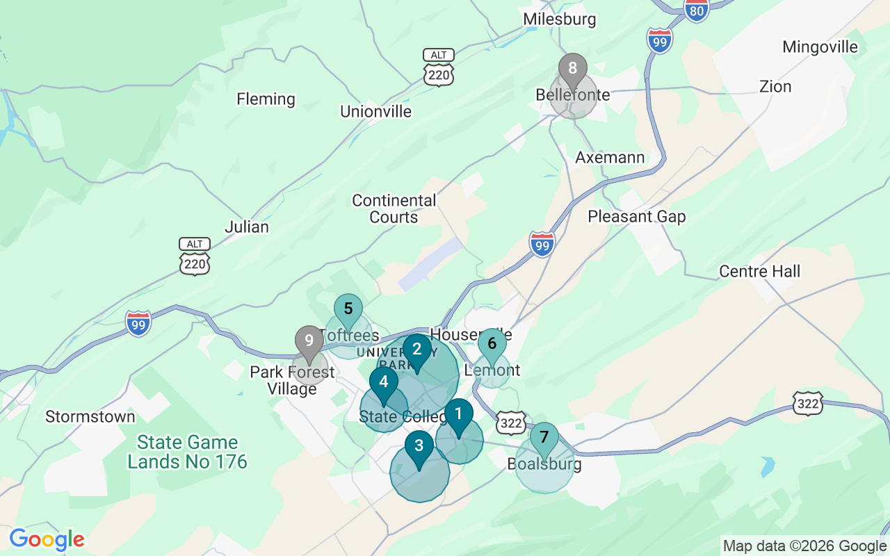 Map of Airbnb guest-review hotspots in State College with location premium circles