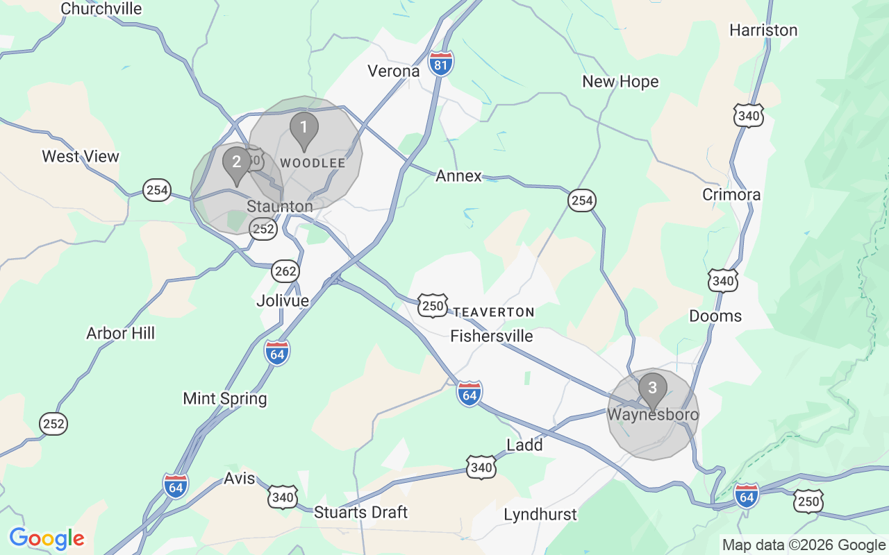 Map of Airbnb guest-review hotspots in Staunton with location premium circles