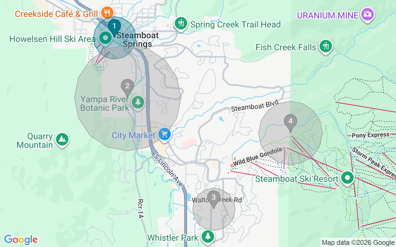 Map of Airbnb guest-review hotspots in Steamboat Springs with location premium circles
