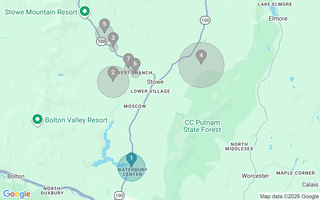 Map of Airbnb guest-review hotspots in Stowe with location premium circles
