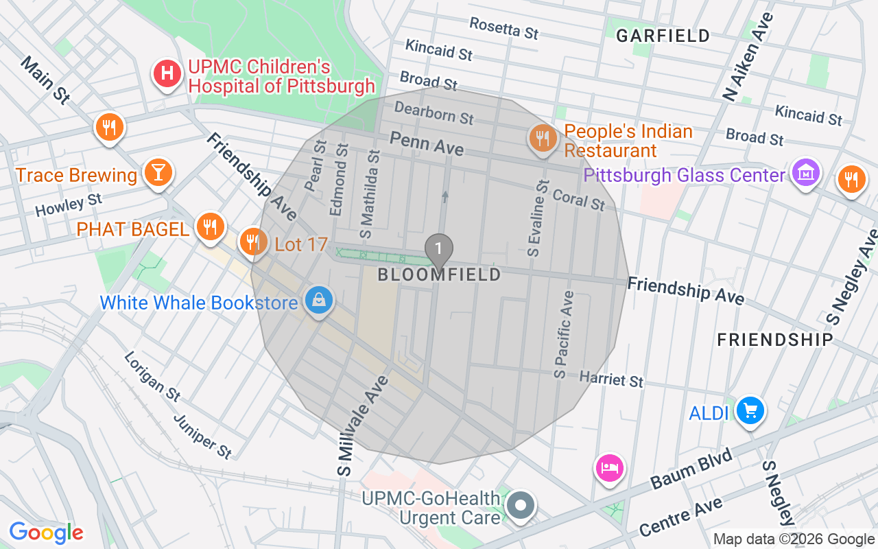 Map of Airbnb guest-review hotspots in Strip District-Lawrenceville with location premium circles