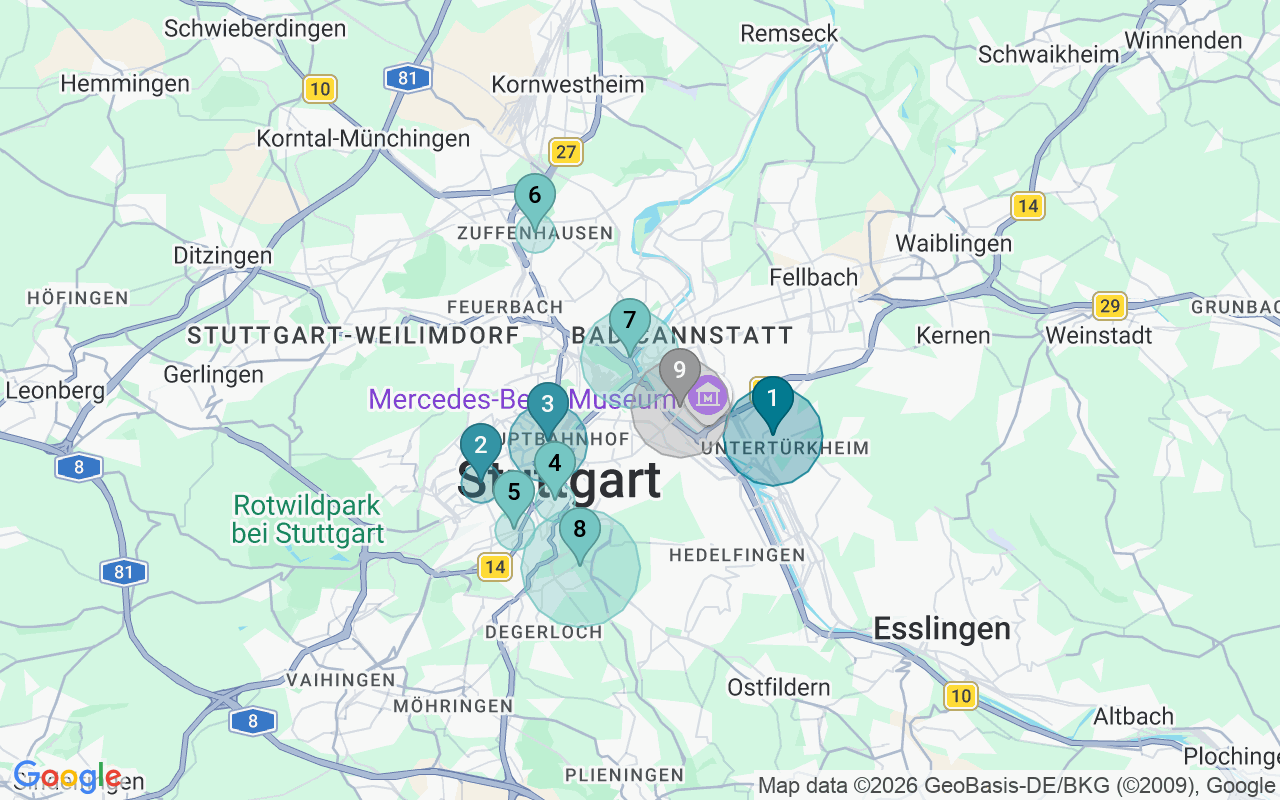 Map of Airbnb guest-review hotspots in Stuttgart with location premium circles
