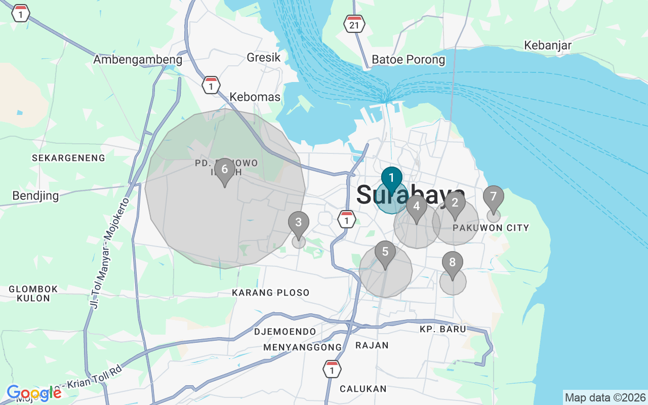 Map of Airbnb guest-review hotspots in Surabaya with location premium circles