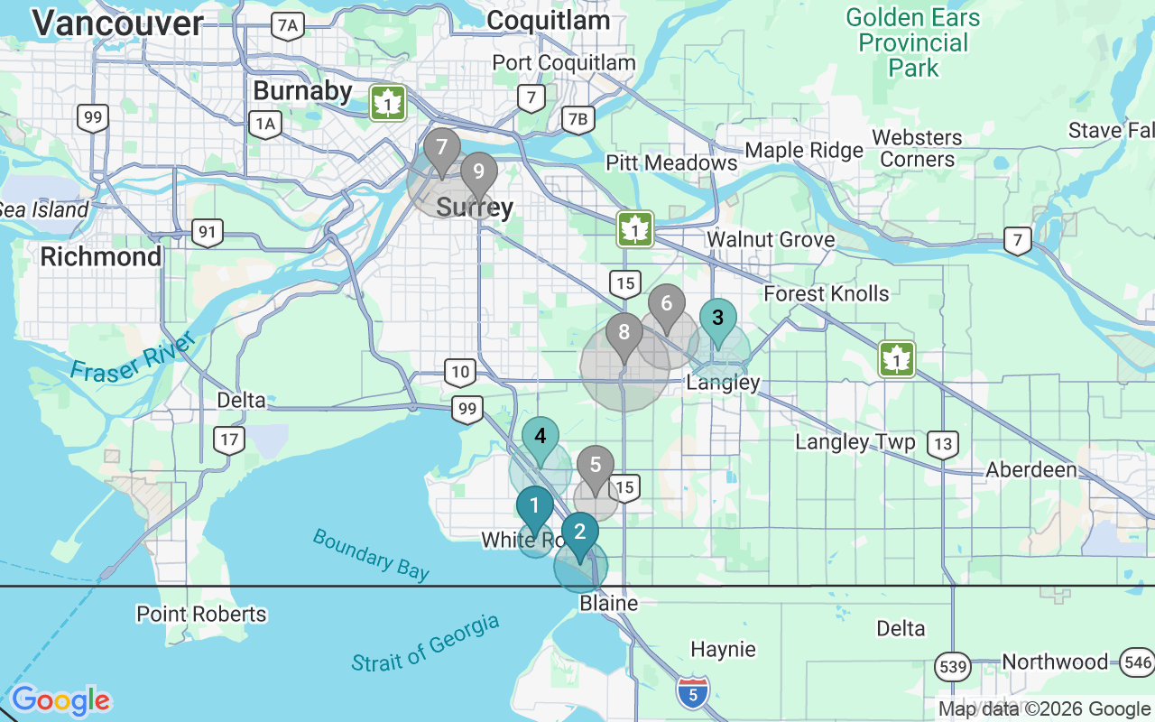 Map of Airbnb guest-review hotspots in Surrey with location premium circles