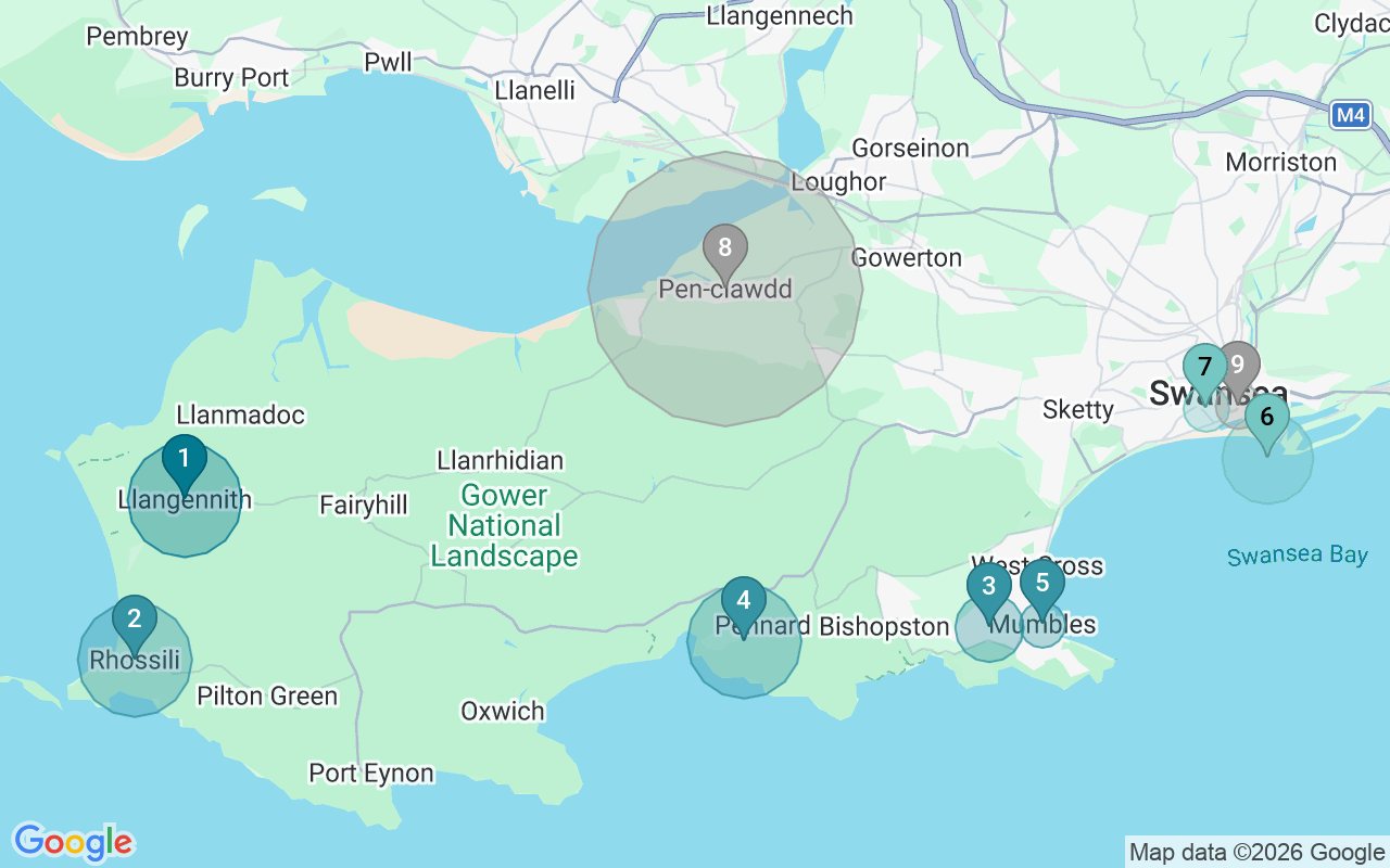 Map of Airbnb guest-review hotspots in Swansea with location premium circles