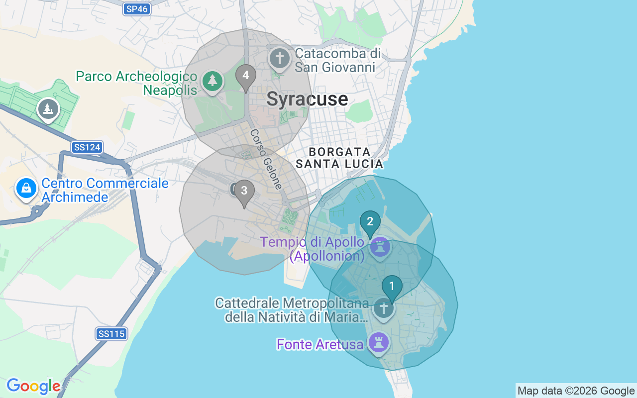 Map of Airbnb guest-review hotspots in Syracuse with location premium circles