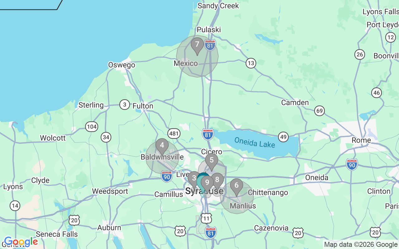 Map of Airbnb guest-review hotspots in Syracuse with location premium circles