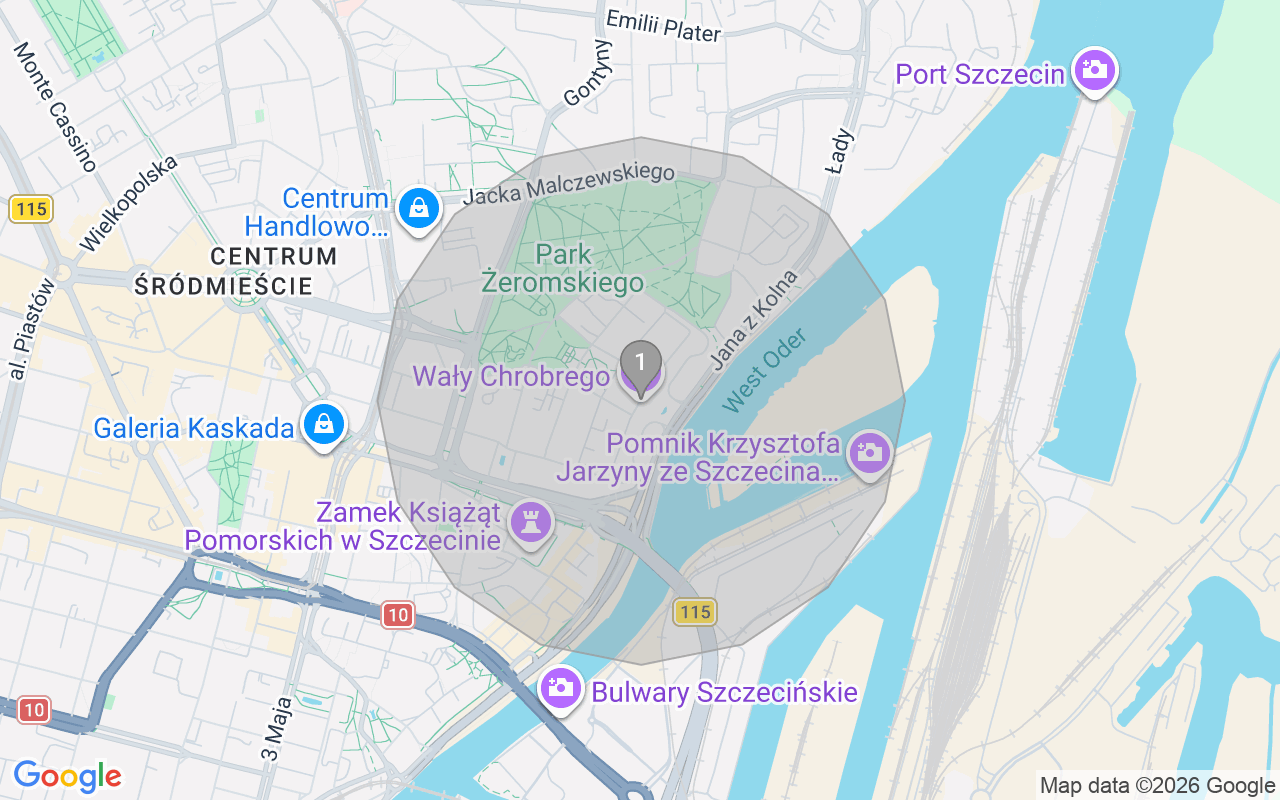 Map of Airbnb guest-review hotspots in Szczecin with location premium circles
