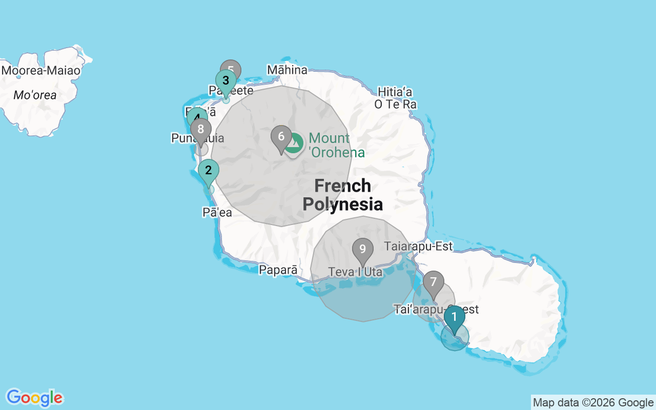 Map of Airbnb guest-review hotspots in Tahiti with location premium circles