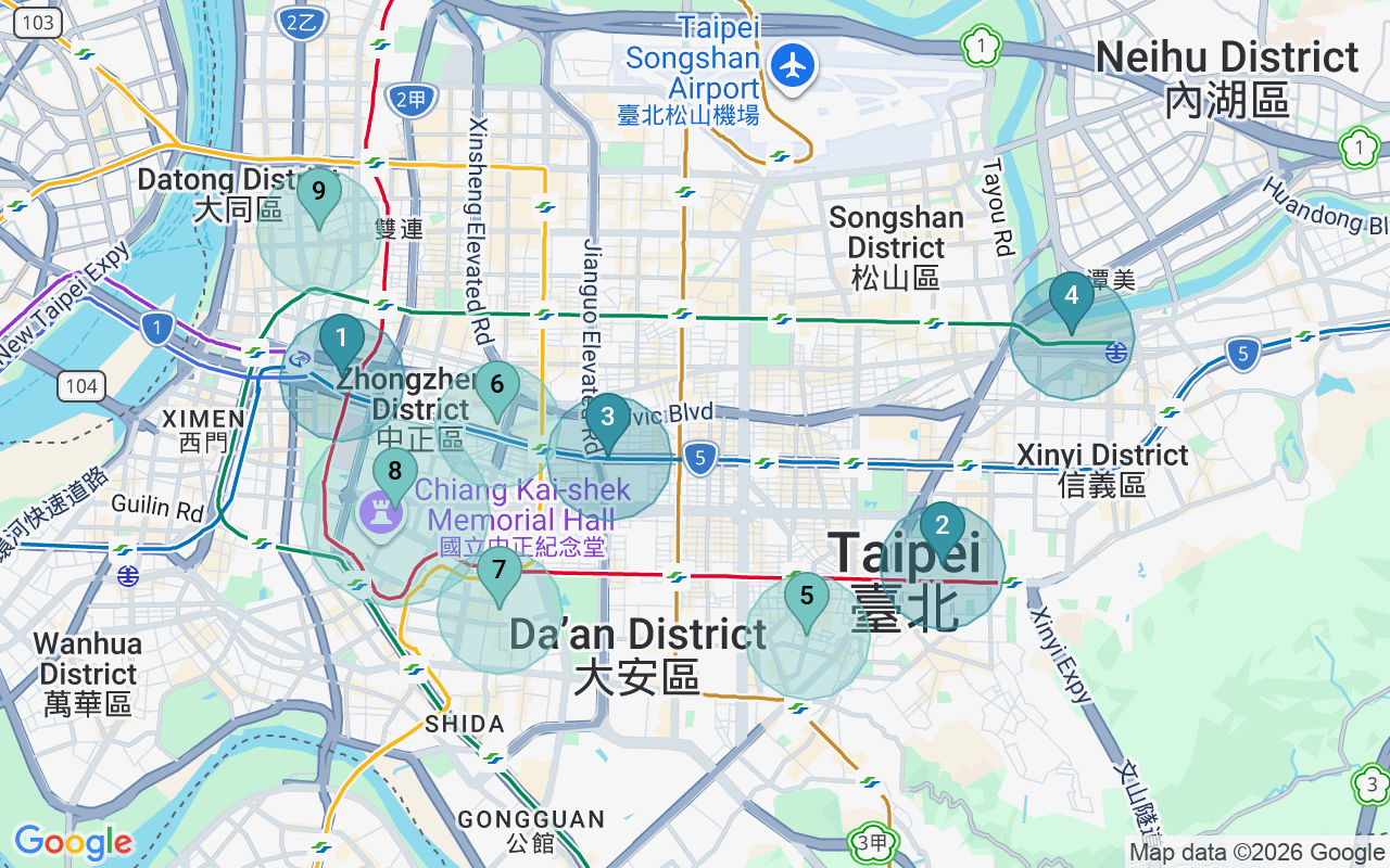 Map of Airbnb guest-review hotspots in Taipei with location premium circles