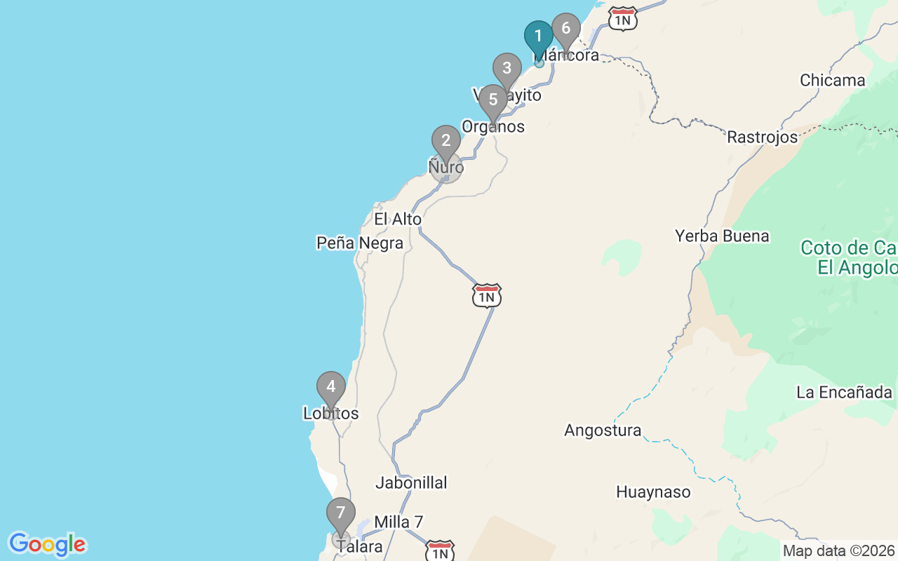 Map of Airbnb guest-review hotspots in Talara with location premium circles