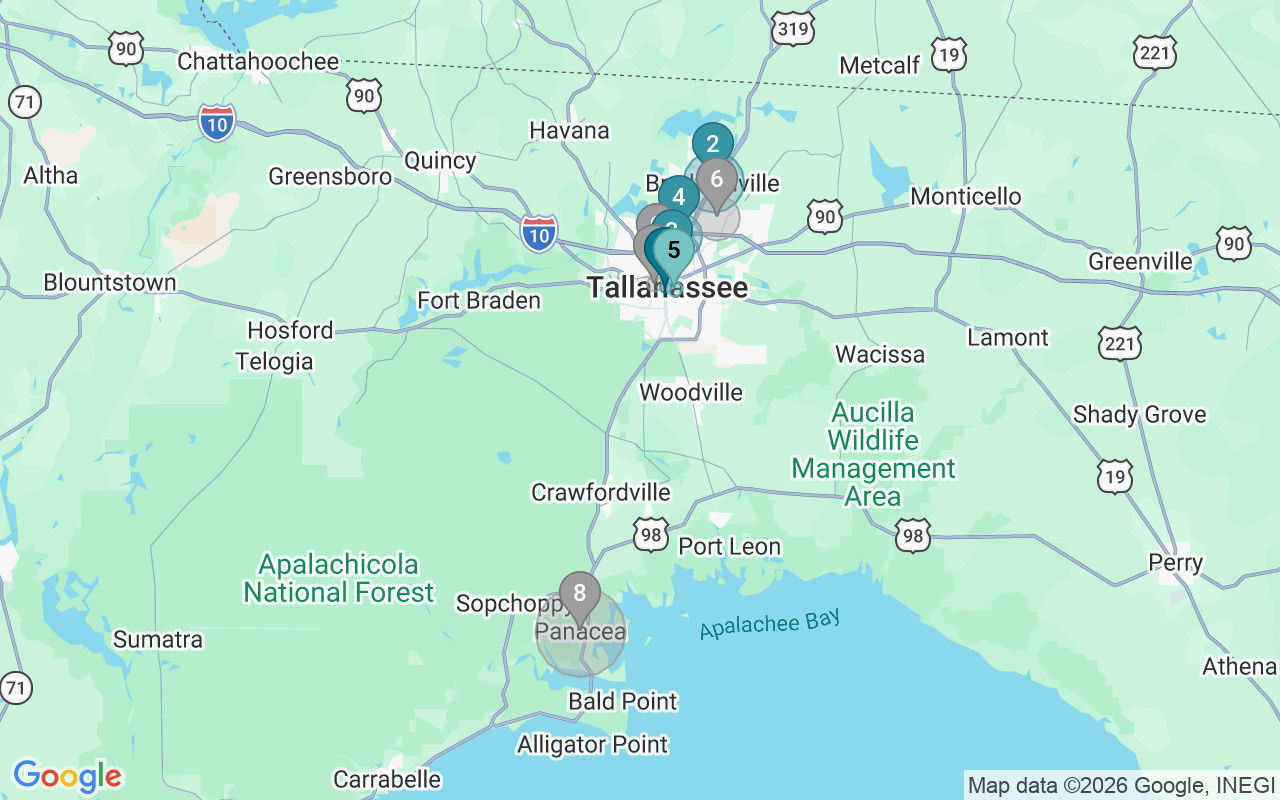 Map of Airbnb guest-review hotspots in Tallahassee with location premium circles