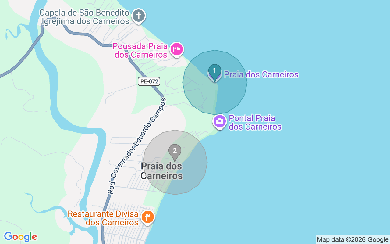 Map of Airbnb guest-review hotspots in Tamandaré with location premium circles