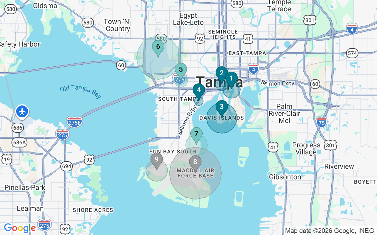 Map of Airbnb guest-review hotspots in Tampa with location premium circles