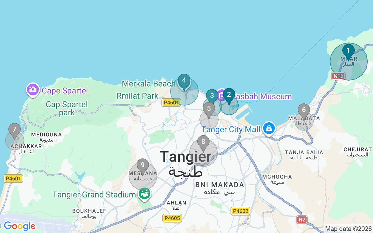 Map of Airbnb guest-review hotspots in Tanger with location premium circles