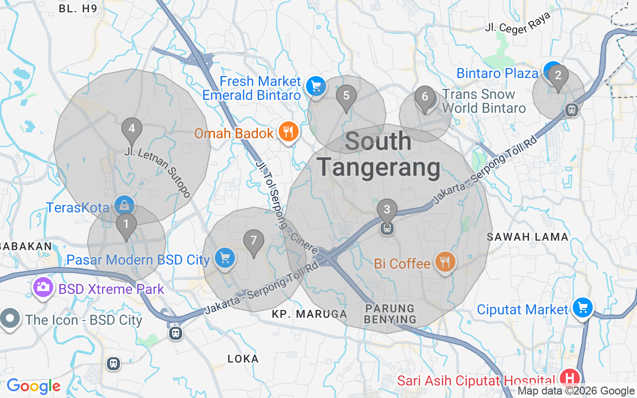 Map of Airbnb guest-review hotspots in Tangsel with location premium circles