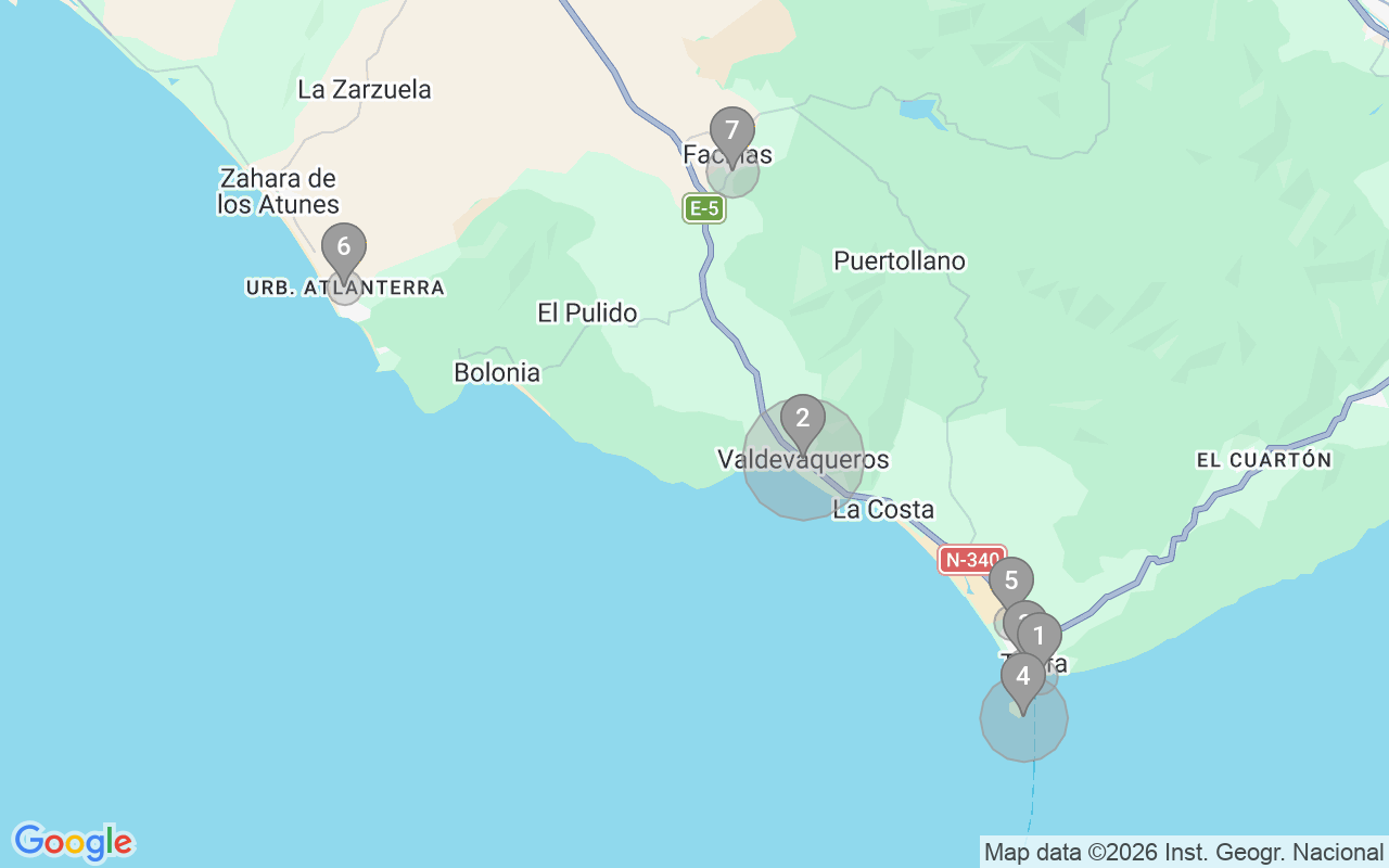 Map of Airbnb guest-review hotspots in Tarifa with location premium circles