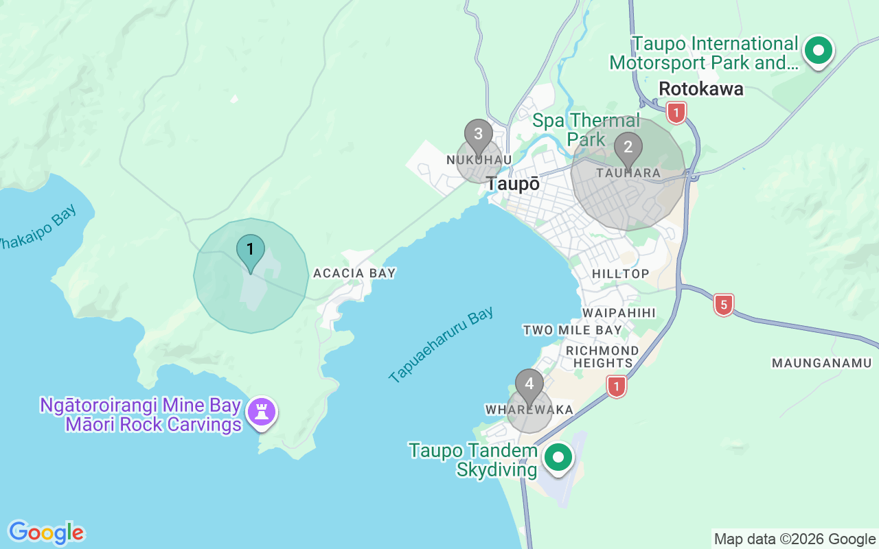 Map of Airbnb guest-review hotspots in Taupo with location premium circles