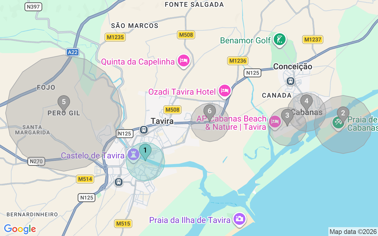 Map of Airbnb guest-review hotspots in Tavira with location premium circles