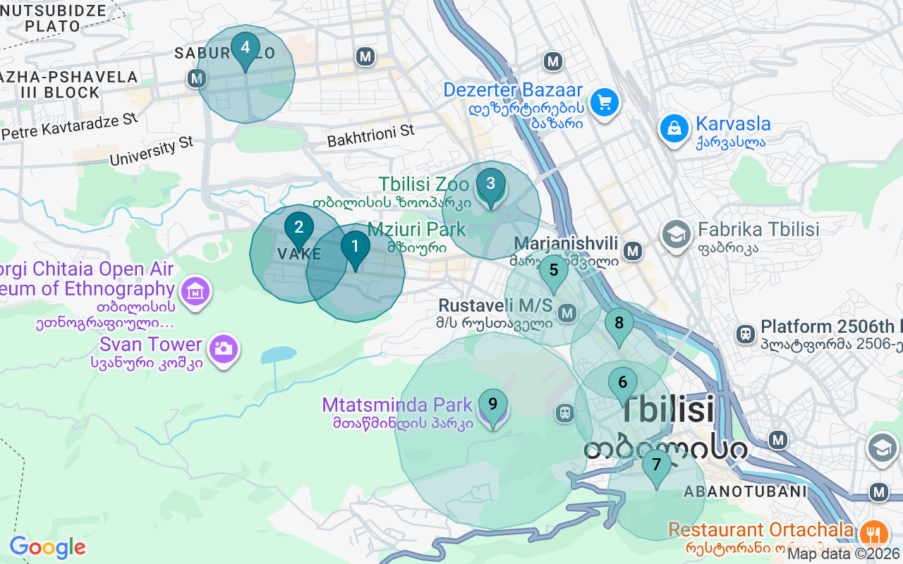 Map of Airbnb guest-review hotspots in Tbilisi with location premium circles