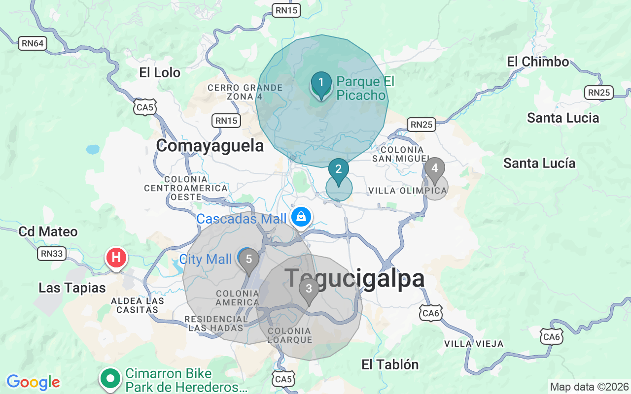 Map of Airbnb guest-review hotspots in Tegucigalpa with location premium circles