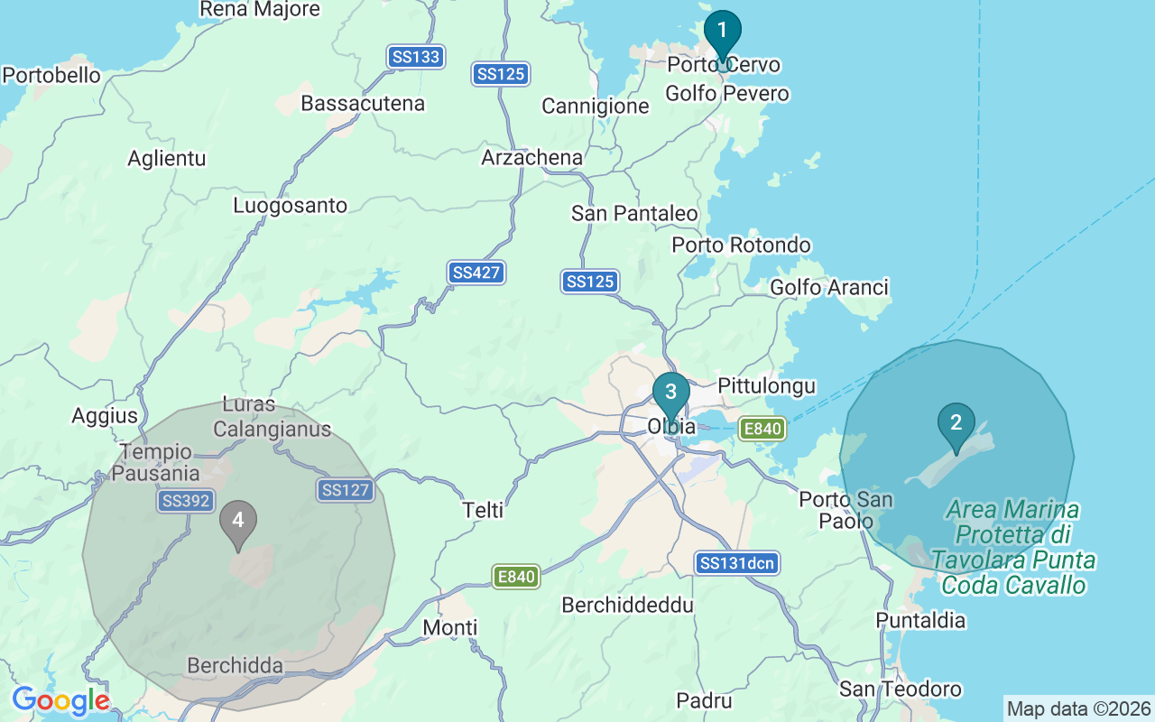 Map of Airbnb guest-review hotspots in Tempio pausania with location premium circles