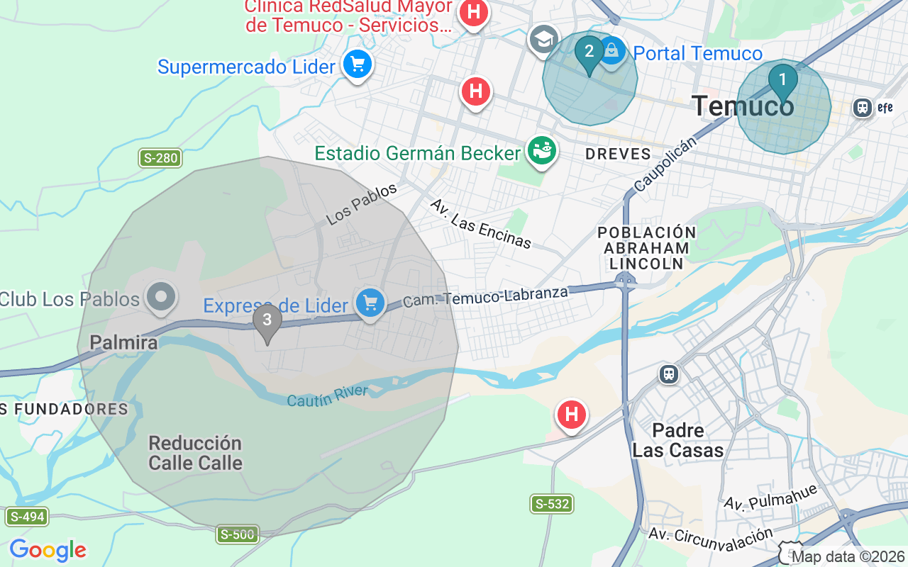 Map of Airbnb guest-review hotspots in Temuco with location premium circles