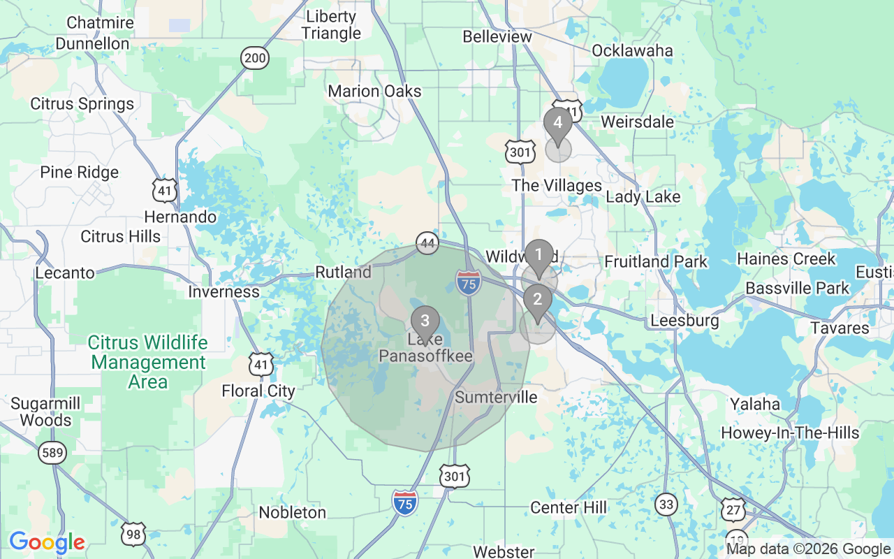 Map of Airbnb guest-review hotspots in The Villages with location premium circles