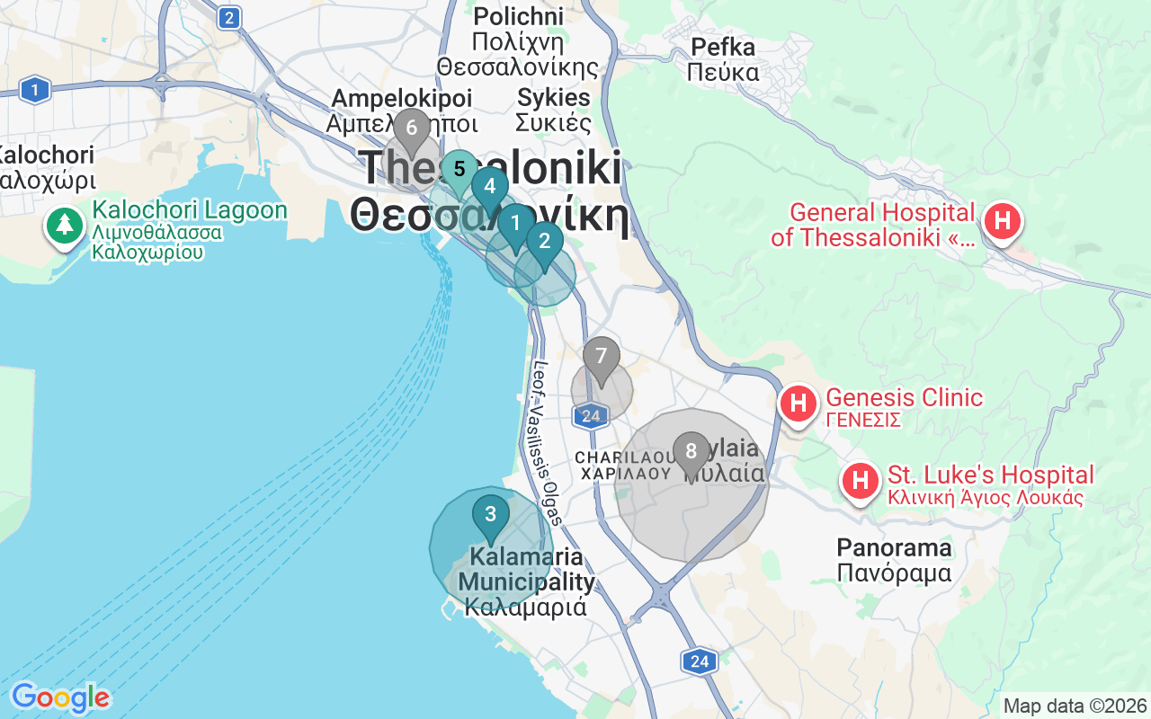 Map of Airbnb guest-review hotspots in Thessaloniki with location premium circles