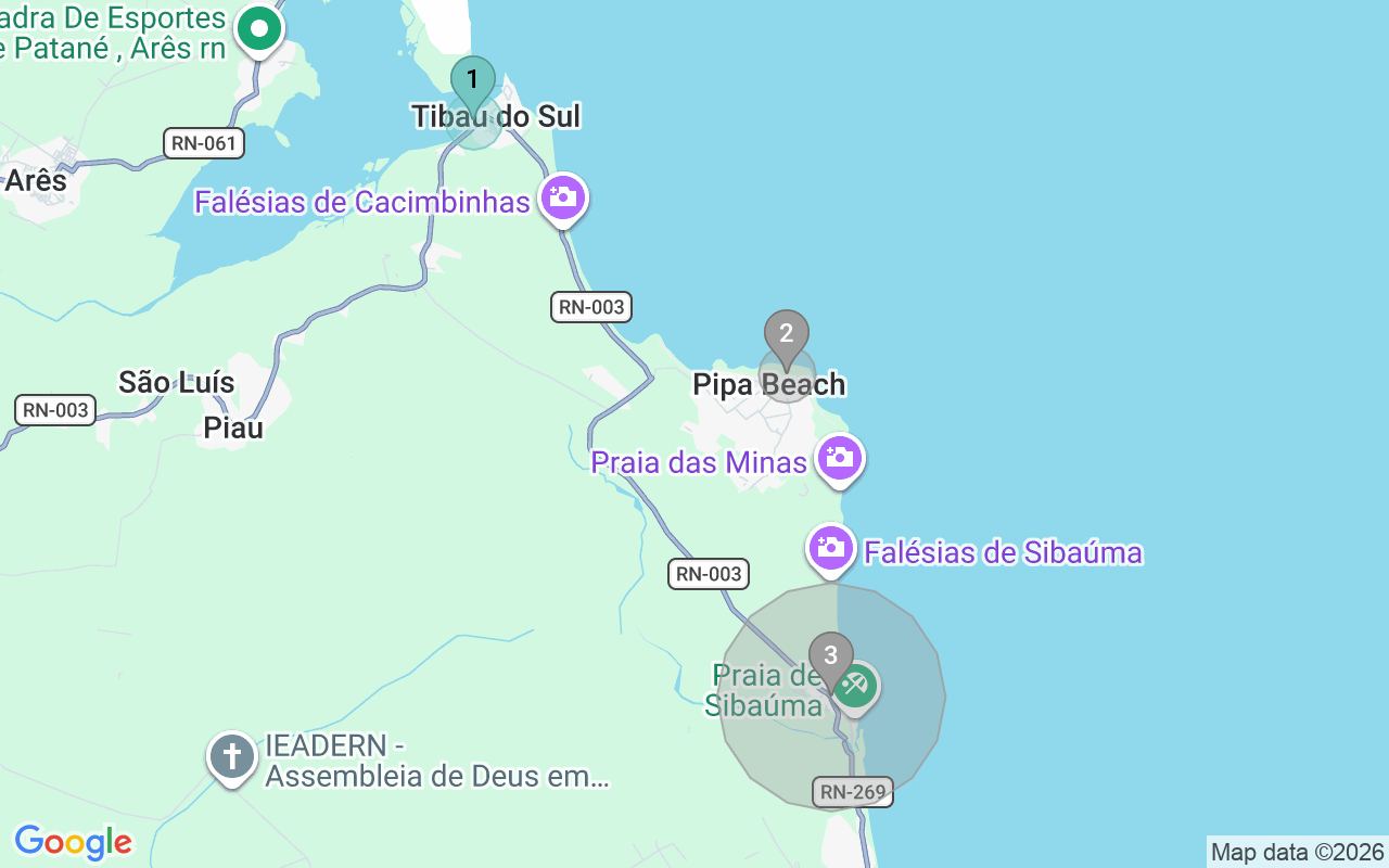 Map of Airbnb guest-review hotspots in Tibau Do Sul with location premium circles