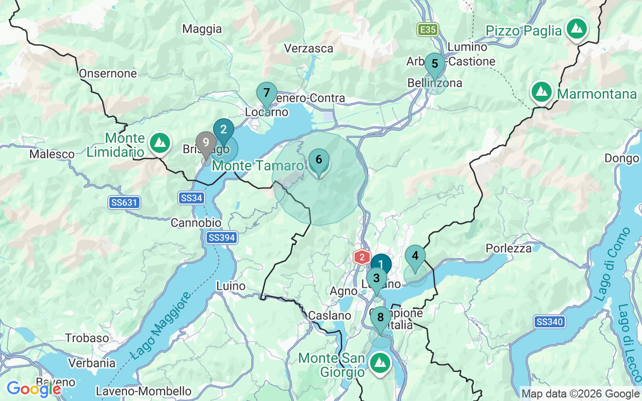 Map of Airbnb guest-review hotspots in Ticino with location premium circles