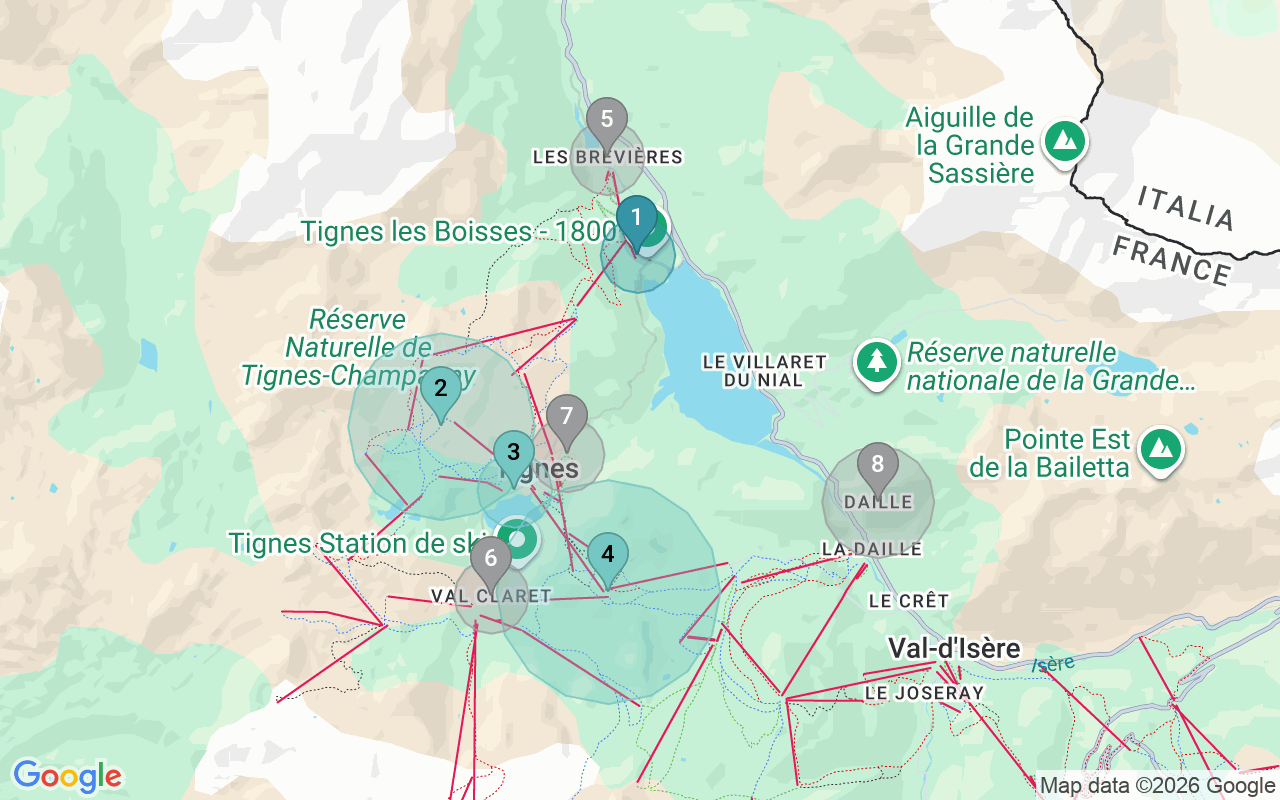 Map of Airbnb guest-review hotspots in Tignes with location premium circles